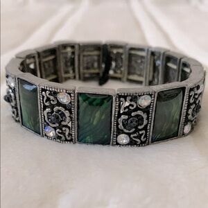 Silver Stainless Steel and Green Filigree Bracelet